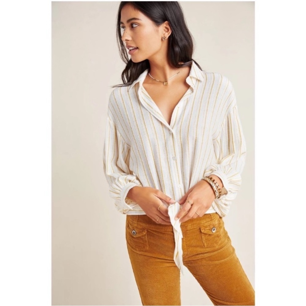 Anthropologie White and Gold Tailor Strip Button Down Long Sleeve Size 14